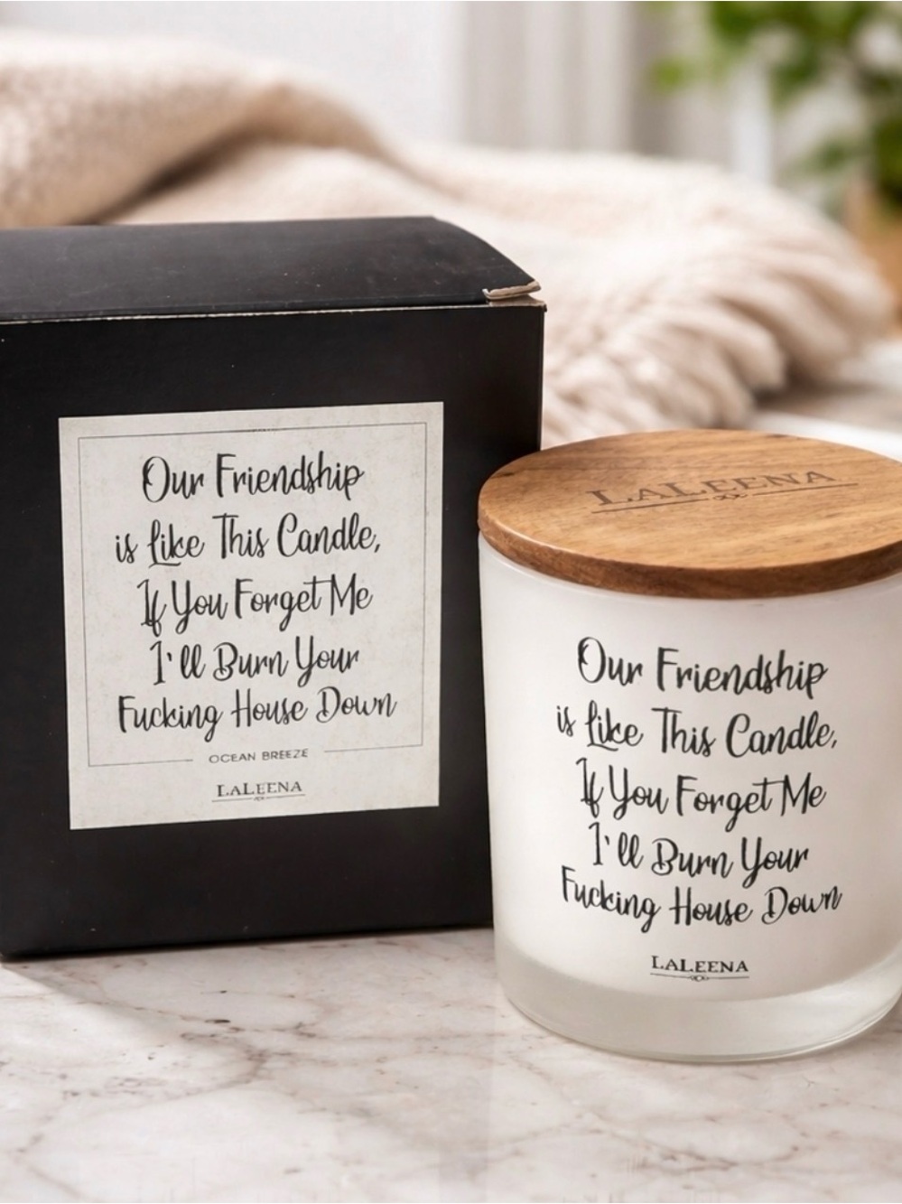 White Scented Candle with Wooden Lid - 'Our Friendship'  Funny NWT